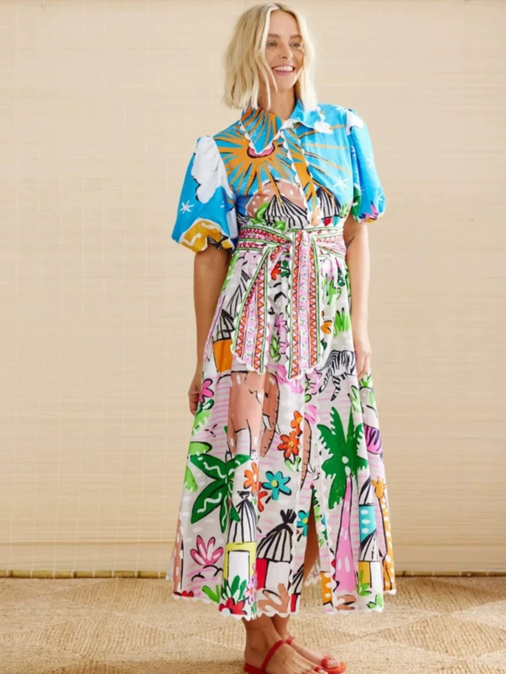 ZARA New Linen Printed Shirt Collar Cardigan Dress